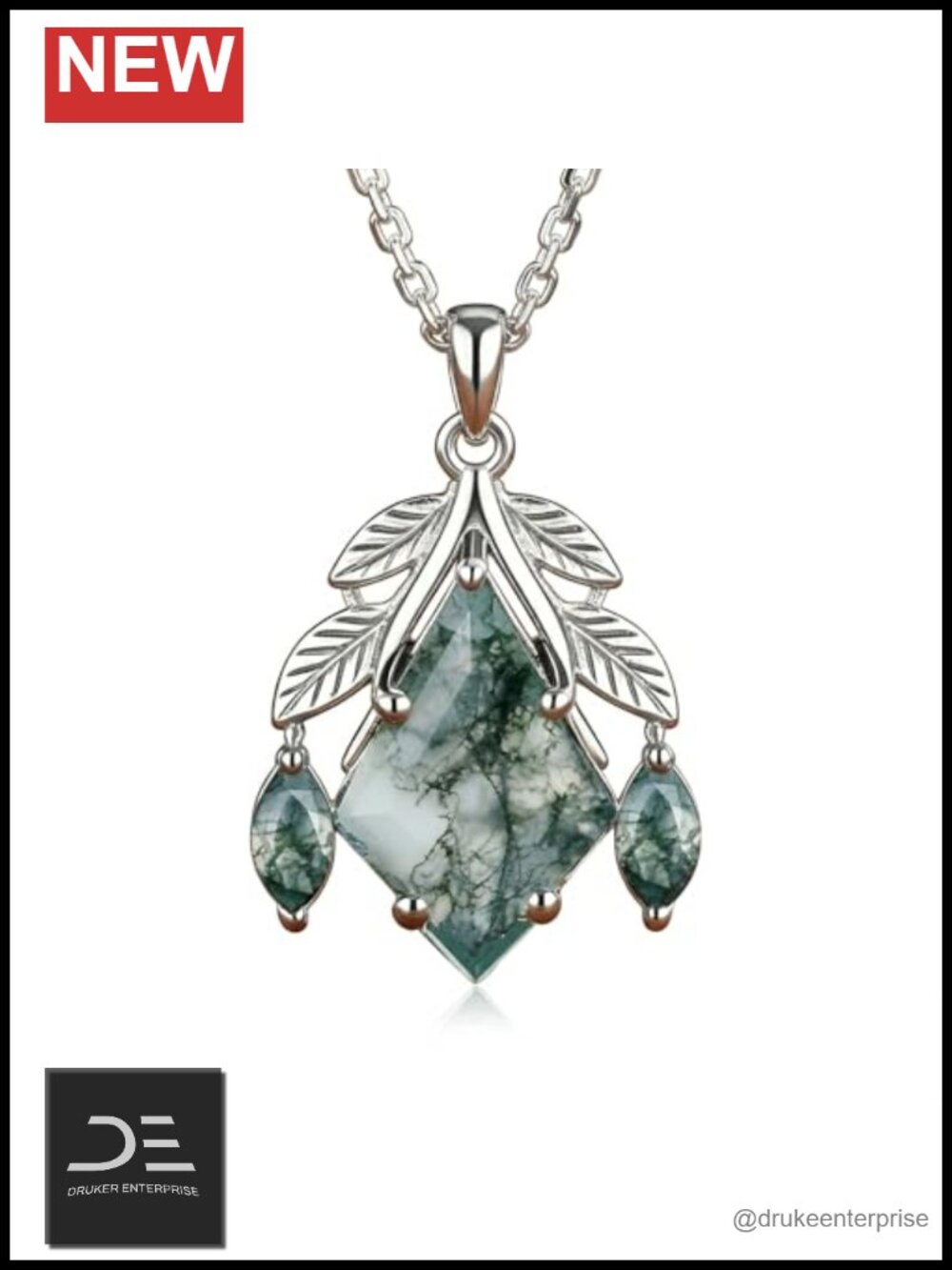 Sterling Silver Moss Agate Pendant Necklace Kite-cut 18in Women's Jewelry